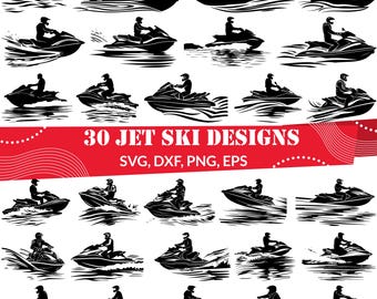 Paquete de 30 imágenes SVG de motos acuáticas, imágenes prediseñadas de motos acuáticas personales, Sea Doo, silueta de piloto, deportes acuáticos de verano.