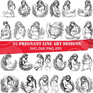 Puede incluir: Diseños de arte lineal en blanco y negro de personas embarazadas. La imagen presenta 25 ilustraciones diferentes de personas embarazadas, algunas con detalles florales. El texto en la parte inferior dice "25 PREGNANT LINE ART DESIGNS" con opciones de tipo de archivo.