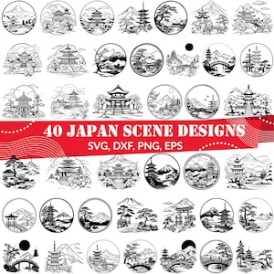 May include: 40 black and white illustrations of Japanese scenes, including pagodas, mountains, bridges, and trees. The illustrations are in a circle shape and are perfect for crafting projects.