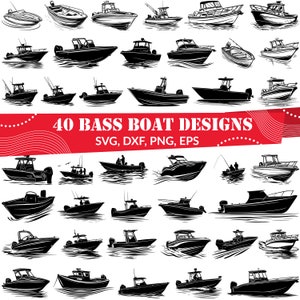 May include: A set of 40 black and white silhouette designs of bass boats. The designs are perfect for crafting projects, such as cutting vinyl, creating decals, or making t-shirts. The text "40 BASS BOAT DESIGNS" is displayed in red at the top of the image. The text "SVG, DXF, PNG, EPS" is displayed in black below the red text.