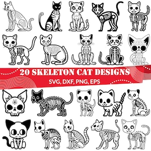 Pode incluir: Uma coleção de 20 desenhos de gatos esqueleto em preto e branco em várias poses. A imagem inclui o texto "20 SKELETON CAT DESIGNS" e opções de tipo de arquivo: SVG, DXF, PNG, EPS.