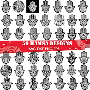 May include: A set of 50 black and white Hamsa hand designs, perfect for crafting projects. The designs feature intricate details and various patterns, including the evil eye symbol.  SVG, DXF, PNG, EPS.