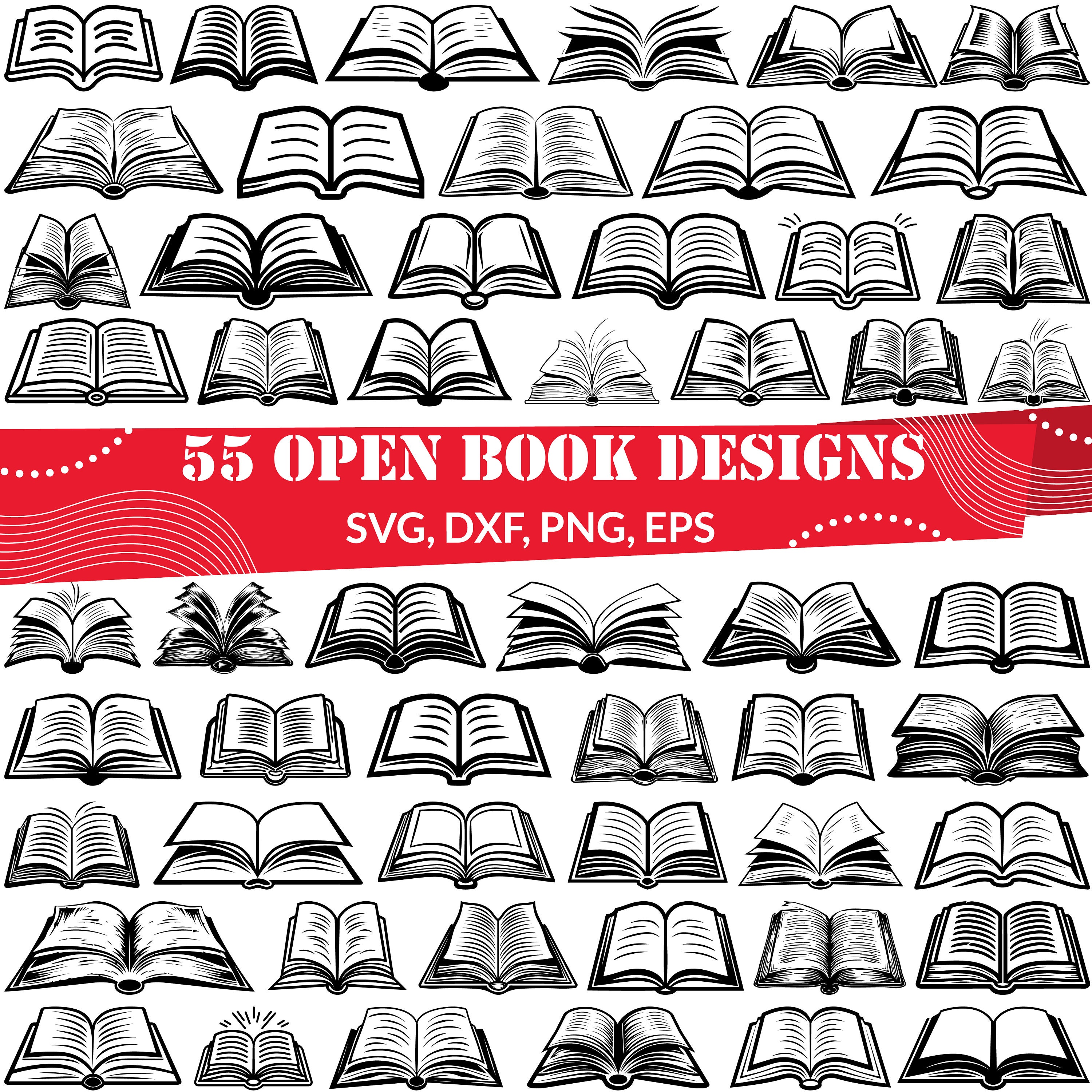 Open Book SVG Bundle | 55 Book Clipart Illustrations for Reading ...