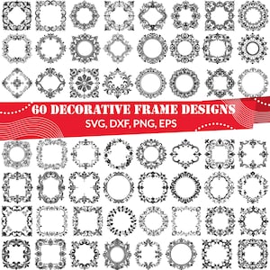 Op de afbeelding: Een set van 60 decoratieve frame-ontwerpen in zwart en wit. De frames zijn in verschillende vormen, waaronder cirkels, vierkanten en ovalen. De frames zijn versierd en hebben ingewikkelde details. De tekst "60 DECORATIVE FRAME DESIGNS" wordt weergegeven in rood op een witte achtergrond. De tekst "SVG, DXF, PNG, EPS" wordt weergegeven in zwart op een witte achtergrond.