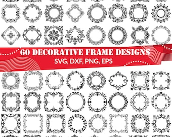 60 Decorative Frame SVG Bundle, Vintage Ornament Borders, Filigree Ornate Frames Clipart, Wedding Monogram Borders for Cricut, Laser Cut