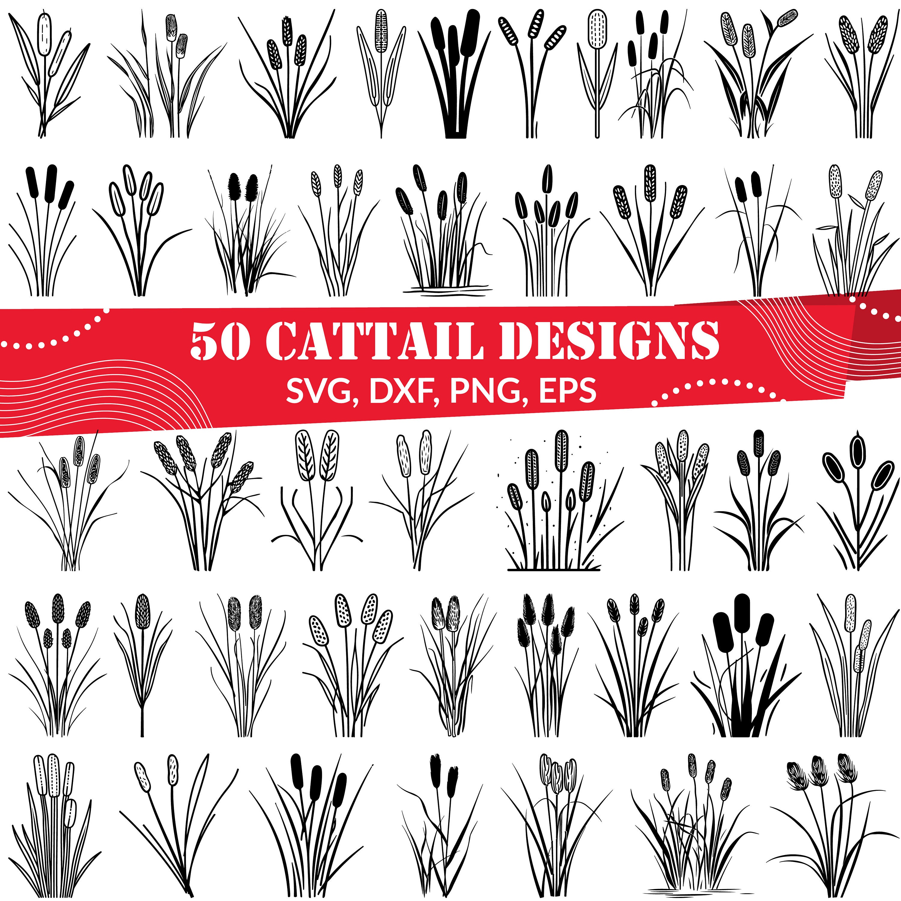 50 Cattail SVG Bundle | Reeds PNG Clipart | Marsh Grass for Cricut, Silhouette, Laser Cutting & Sublimation