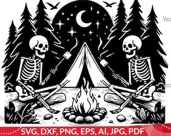 Puede incluir: Ilustración en blanco y negro de dos esqueletos acampando en el bosque por la noche. Están sentados junto a una fogata, asando malvaviscos en palos, y una tienda de campaña está montada detrás de ellos. Hay una luna creciente y estrellas en el cielo.