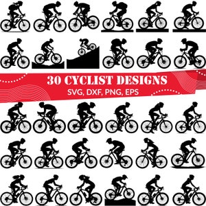 Może przedstawiać: 30 czarno-białych wzorów sylwetkowych rowerzystów na rowerach. Wzory są w różnych pozach i pozycjach, w tym pod górę, z górki i na płaskim terenie. Tekst "30 CYCLIST DESIGNS" jest czerwony u góry obrazu. Tekst "SVG, DXF, PNG, EPS" jest czarny pod czerwonym tekstem.