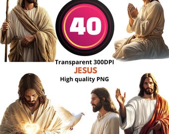 40 Jesus Clipart-Set - Christliches religiöses PNG-Bundle, Sacred Heart Illustrationen, Glauben und Gebetskunst, Bibelversgrafik, 300 DPI