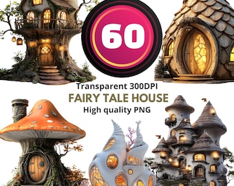 60 clipartset sprookjeshuis – Fantasy Cottage PNG-bundel, magische paddestoel en boomhutten, betoverd huisillustraties, 300 DPI