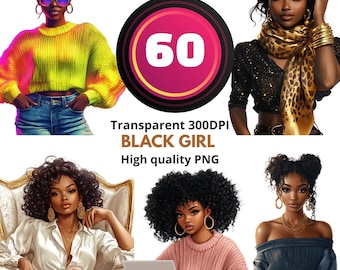60 Black Girl Clipart Set – Stylish Afro Women PNG Bundle, Modern Fashion Portraits, Confident Black Woman Aesthetic, Transparent
