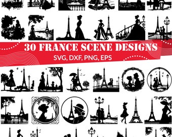 フランスの風景SVGバンドル、パリのエッフェル塔クリップアート、フランスのシルエット、ロマンチックなヨーロッパの景色、都市景観