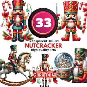 May include: A collection of Christmas-themed digital illustrations featuring nutcrackers in various poses. The images include nutcrackers holding candy canes, a snow globe, and riding a rocking horse. Text includes "Transparent 300DPI NUTCRACKER High quality PNG" and "Merry Christmas".