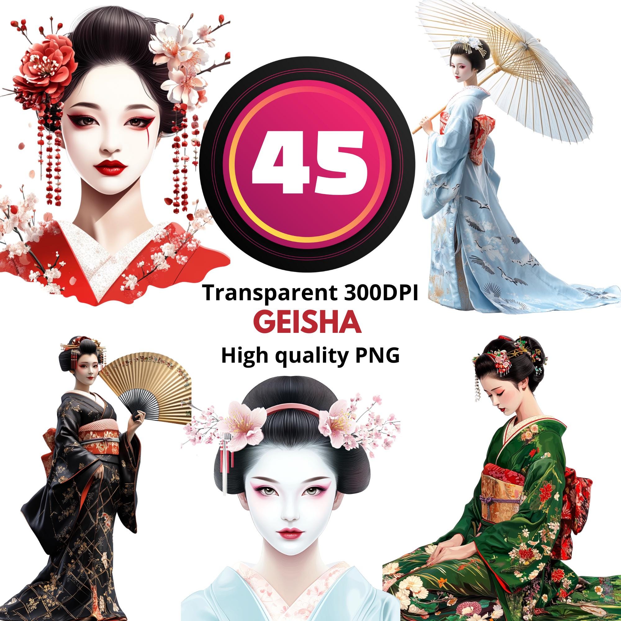 45 Geisha Clipart Set – Traditional Japanese Woman PNG Bundle, Kimono ...