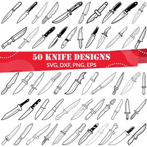 Op de afbeelding: Een verzameling van 50 zwart-witte mesontwerpen. De ontwerpen zijn in verschillende stijlen, waaronder jachtmessen, zakmessen en keukenmessen. De tekst "50 KNIFE DESIGNS" staat bovenaan de afbeelding, en de tekst "SVG, DXF, PNG, EPS" staat eronder.