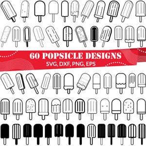 Puede incluir: Una colección de 60 diseños de paletas en blanco y negro, con varias formas y estilos. Los diseños incluyen paletas con rayas, puntos y diferentes texturas. El texto "60 POPSICLE DESIGNS" se muestra en rojo, junto con opciones de tipo de archivo.