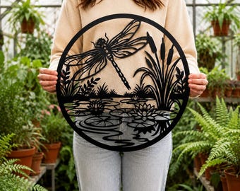 Dragonfly Laser Cut File SVG DXF, Pond Scene Wall Art, Lotus Flower, Cattail CNC