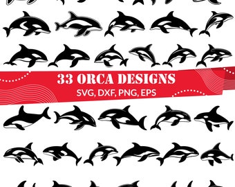 Pakiet Orca SVG | 33 sylwetki orek i projekty clipart | Pliki do cięcia dla Cricut, sublimacji i rękodzieła z motywami zwierząt oceanicznych