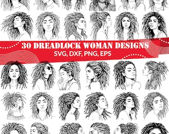 30 Dreadlock Frau SVG Bundle, geflochtene Haar Clipart, afrikanische Schönheit Silhouette, Melanin Königin Vektor