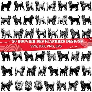Pode incluir: 50 designs de silhuetas em preto e branco de cães Bouvier des Flandres em várias poses. Os designs são perfeitos para projetos de artesanato, corte e impressão. SVG, DXF, PNG, EPS.