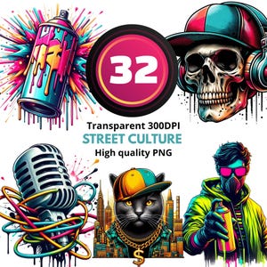 Könnte beinhalten: Eine lebendige digitale Kunstkomposition mit Graffiti-Elementen. Das Bild zeigt eine Sprühdose, einen Schädel mit Mütze und Kopfhörern, ein Mikrofon, eine Katze mit Goldkette und eine Person mit Gasmaske, die eine Sprühdose hält. Der Text lautet "Transparent 300DPI STREET CULTURE High quality PNG".