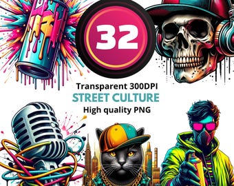 32 Street Culture Clipart Set – Urban Graffiti PNG Bundle, Hip Hop Art, Spray Paint & Streetwear Illustrations, Transparent 300 DPI