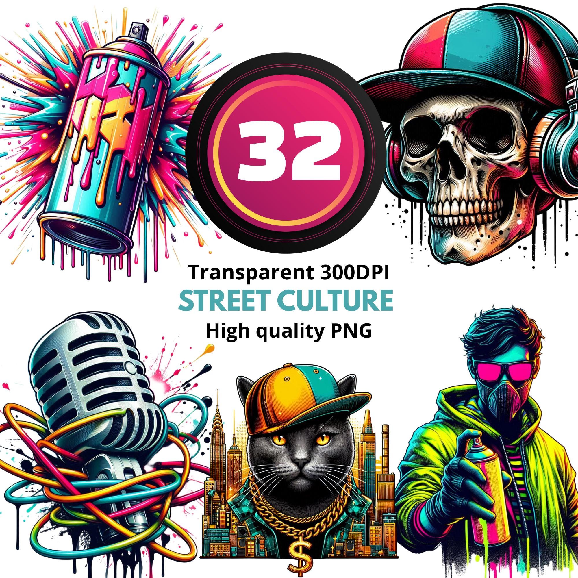 32 Street Culture Clipart Set – Urban Graffiti PNG Bundle, Hip Hop Art ...