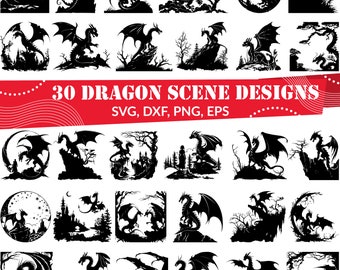 Puede incluir: Una colección de 30 diseños de escenas de dragones en silueta negra. Los diseños incluyen dragones en varias poses, ambientados en paisajes, árboles y fondos circulares. El texto dice "30 DRAGON SCENE DESIGNS" con opciones de formato de archivo.