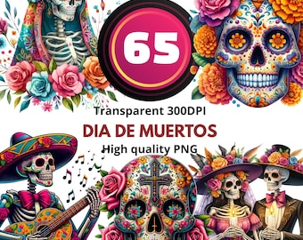 Dia de Muertos Clipart – 65 Sugar Skull PNG, Day of the Dead Skeletons, Catrina, Flowers, Transparent 300 DPI