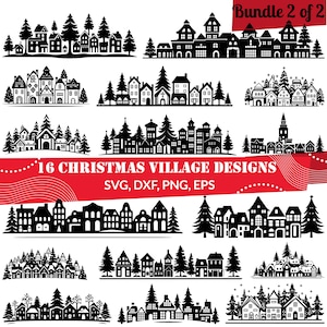 Peut inclure: Un ensemble de 16 motifs de village de Noël en noir et blanc. Les motifs présentent diverses maisons, arbres et autres éléments de fête. Le texte "16 Christmas Village Designs" et "SVG, DXF, PNG, EPS" est inclus dans l'image.