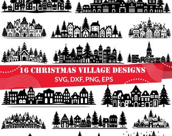 Kerstdorp SVG-bundel, kersthuizen svg, winterdorp svg, dorpshuizen svg, kerststad svg, kerstdorp png