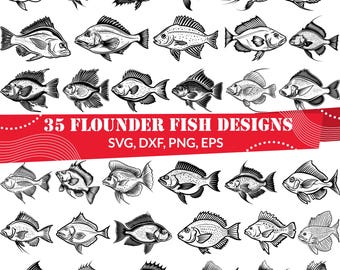 Flounder Fish svg Bundle | 35 Flatfish Clipart Designs | Fishing Cut File for Cricut