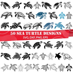 May include: A set of 50 black and white sea turtle designs in various poses. The designs are perfect for crafting projects, such as cutting, etching, or printing. The text "50 SEA TURTLE DESIGNS" and "SVG, DXF, PNG, EPS" is included in the image.
