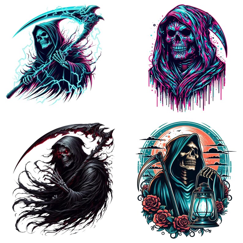 May include: Four illustrations of the Grim Reaper. Each image features a skull with a hooded cloak and a scythe. The color palettes include blue, pink, black, and red. One image shows the Reaper holding a lantern and surrounded by roses.