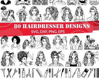 Puede incluir: Ilustraciones en blanco y negro de peluqueros y clientes. La imagen incluye varias escenas de peinado, corte y aseo, junto con herramientas como tijeras, peines y botellas. El texto dice "80 HAIRDRESSER DESIGNS SVG, DXF, PNG, EPS."