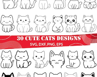 Puede incluir: Treinta ilustraciones en blanco y negro de gatos lindos en varias poses. El texto "30 CUTE CATS DESIGNS" y "SVG, DXF, PNG, EPS" están en la parte inferior de la imagen.