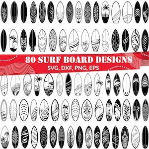 May include: A collection of 80 surfboard designs in black and white. The designs include palm trees, waves, and various abstract patterns. The image also includes the text "80 Surf Board Designs" and file type information.
