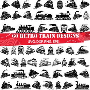 Puede incluir: Un conjunto de 60 diseños de trenes retro en blanco y negro. Los diseños son de varios estilos, incluyendo locomotoras de vapor, locomotoras diésel y trenes eléctricos. Los diseños son perfectos para usar en manualidades, scrapbooking y otros proyectos creativos. 60 Diseños de trenes retro SVG, DXF, PNG, EPS
