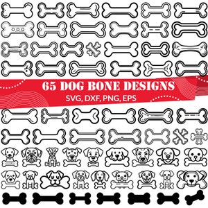 Puede incluir: Una colección de 65 diseños de huesos de perro en blanco y negro. Los diseños son de varios estilos, incluyendo simples, detallados y juguetones. El texto "65 DOG BONE DESIGNS" y "SVG, DXF, PNG, EPS" se muestra en rojo.