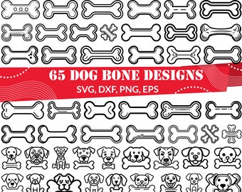 Puede incluir: Una colección de 65 diseños de huesos de perro en blanco y negro. Los diseños son de varios estilos, incluyendo simples, detallados y juguetones. El texto "65 DOG BONE DESIGNS" y "SVG, DXF, PNG, EPS" se muestra en rojo.