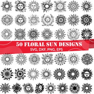 May include: 50 black and white floral sun designs. The designs are intricate and detailed, with a variety of floral patterns and sun shapes. SVG, DXF, PNG, EPS.