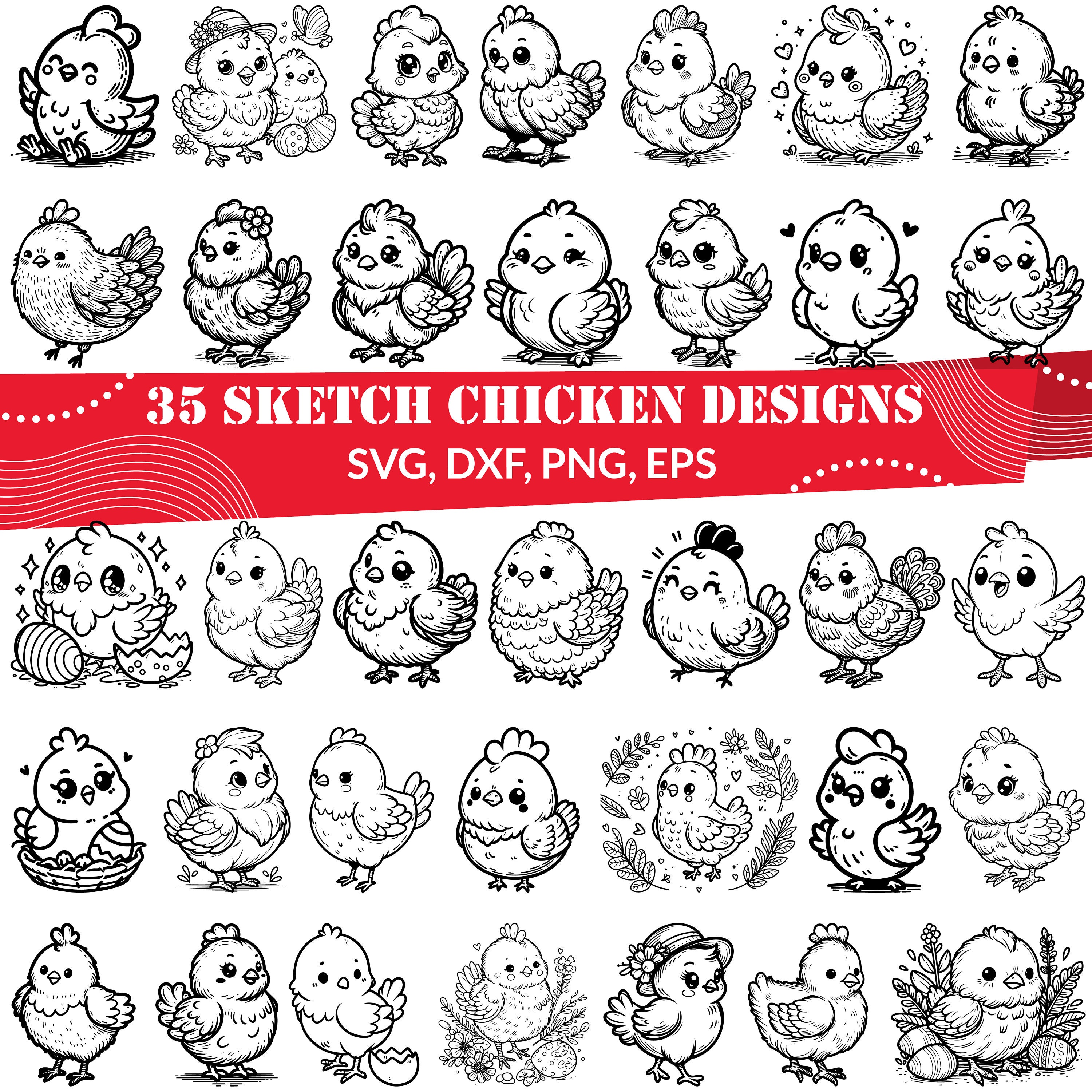 Sketch Chicken SVG, Hand Drawn Chicken Clipart, Farm Animal Vector, Rustic Hen Silhouette, Country Farmhouse Cricut File