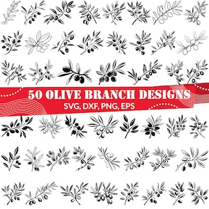 May include: A set of 50 black and white olive branch designs. The designs are in a variety of styles, including simple and detailed. The text "50 OLIVE BRANCH DESIGNS" is at the top of the image, with the text "SVG, DXF, PNG, EPS" below it.