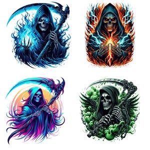 May include: Four digital illustrations of the Grim Reaper. Each image features a hooded skeleton figure with a scythe, surrounded by flames, energy, or smoke in shades of blue, orange, purple, and green.