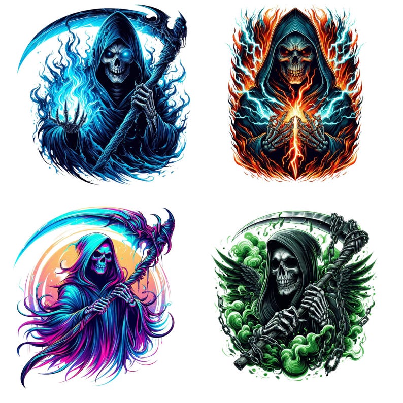May include: Four digital illustrations of the Grim Reaper. Each image features a hooded skeleton figure with a scythe, surrounded by flames, energy, or smoke in shades of blue, orange, purple, and green.