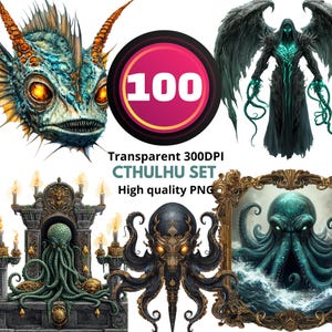 May include: A digital art set featuring illustrations of Cthulhu-inspired creatures. The images include detailed depictions of sea monsters, tentacled beings, and gothic figures, with a colour palette of blues, greens, and golds. Text includes "100", "Cthulhu Set", and "High quality PNG".