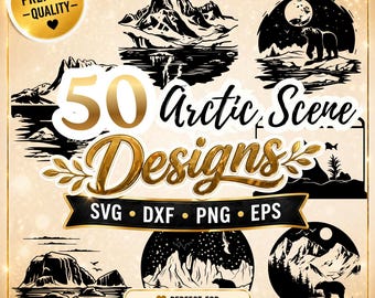 北極の風景SVG、ホッキョクグマのシルエットクリップアート、雪山の風景、冬の野生動物カットファイル