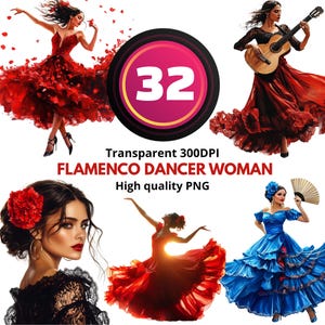 May include: A digital illustration featuring multiple images of flamenco dancers in vibrant red and blue dresses. One dancer plays a guitar. The image includes the text "FLAMENCO DANCER WOMAN" and a circular graphic with the number "32".