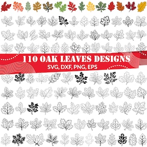 May include: A set of 110 black and white oak leaf designs in various shapes and sizes. The text "110 OAK LEAVES DESIGNS" is displayed in red above the leaves. The text "SVG, DXF, PNG, EPS" is displayed below the leaves.