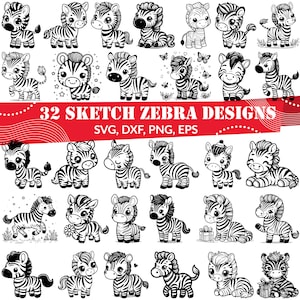 32 Cute Zebra SVG Sketch Bundle | Baby Zebra Clipart PNG | Hand Drawn Animal Designs for Cricut, Kids Crafts & Nursery Decor